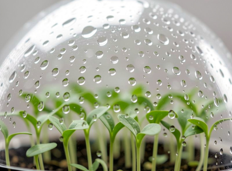 Macro close-up of condensation droplets on the inside of a clear humidity dome above emerging green seedlings