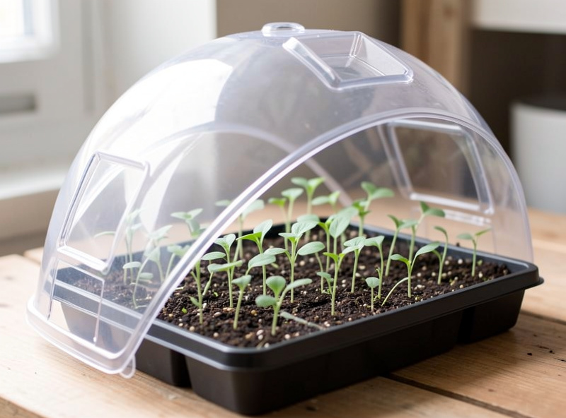 A clear humidity dome lifted and propped to the side of a seed tray, with seedlings showing true leaves catching airflow