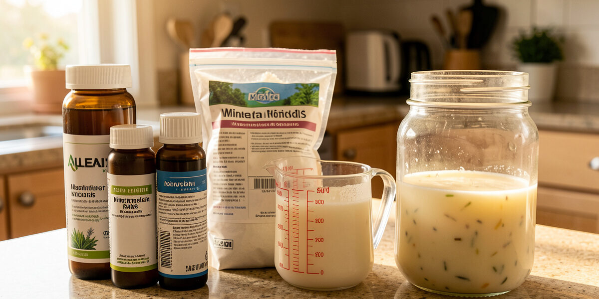Hydroponic nutrient bottles and powdered mineral salts beside a measuring jug of pale mixed solution