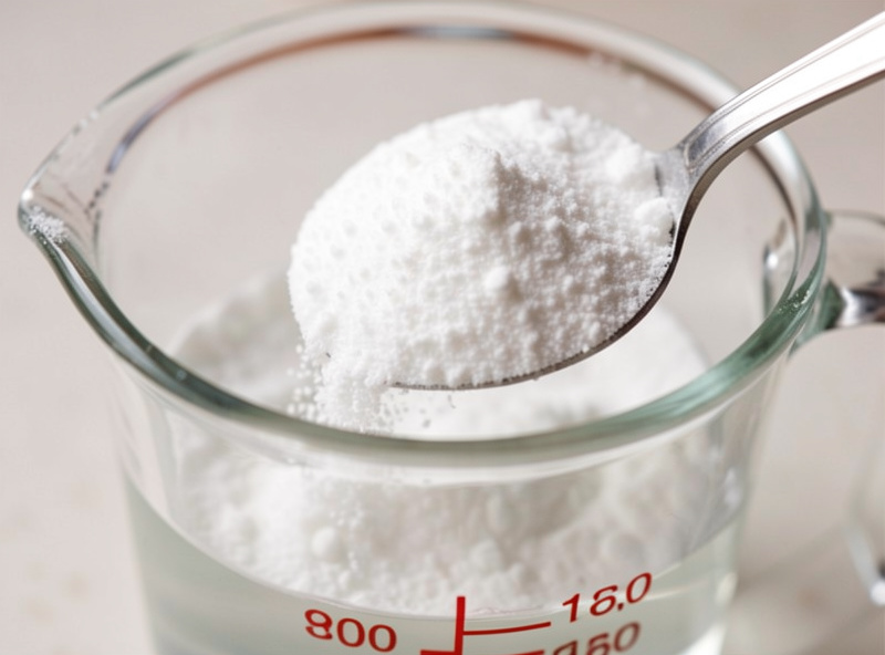 Powdered hydroponic mineral salts being spooned into a measuring cup of water