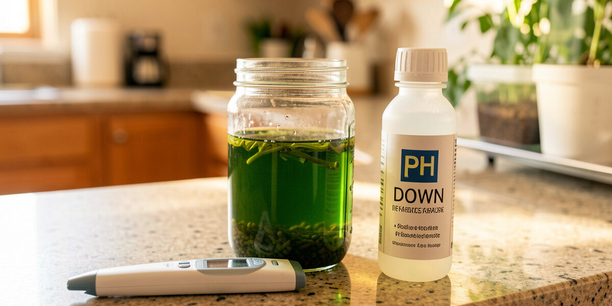 Digital pH pen beside a jar of hydroponic nutrient solution and a bottle of pH Down on a counter