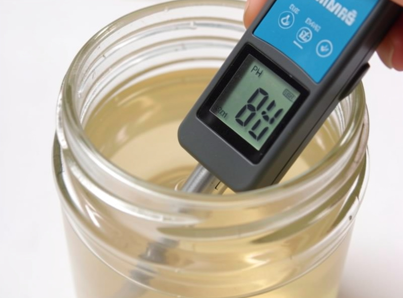 Digital pH meter reading a number while dipped into a jar of pale nutrient solution