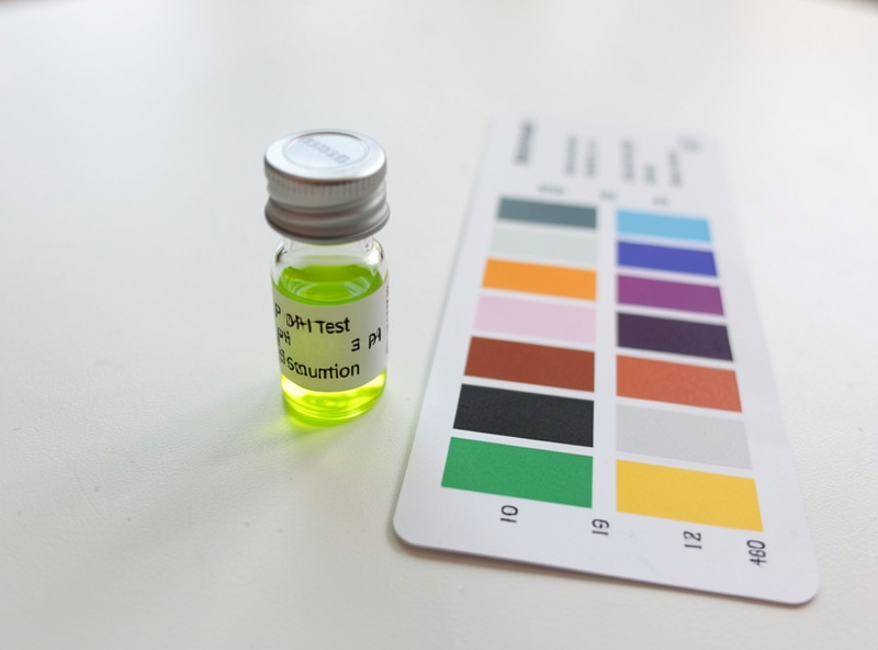 A small vial of pH test solution turning green-yellow next to a colour comparison chart