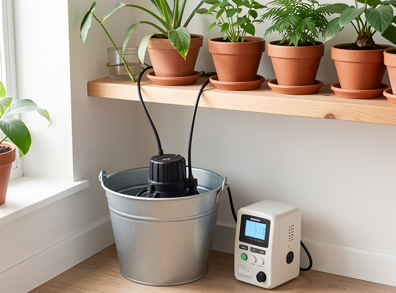 A small submersible pump in a water bucket with thin tubing running up to a shelf of potted plants indoors, with a timer unit beside the bucket