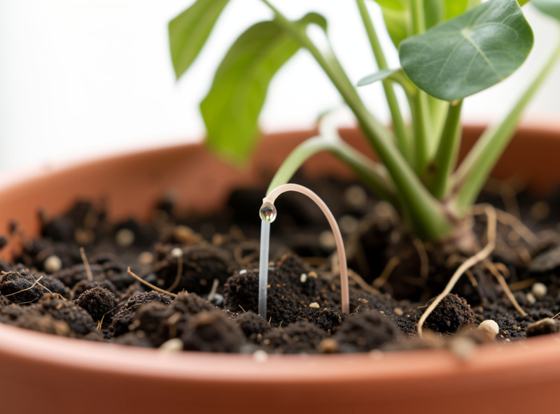 Close-up of a thin drip emitter tube staked into the soil of an indoor potted plant releasing a single water droplet