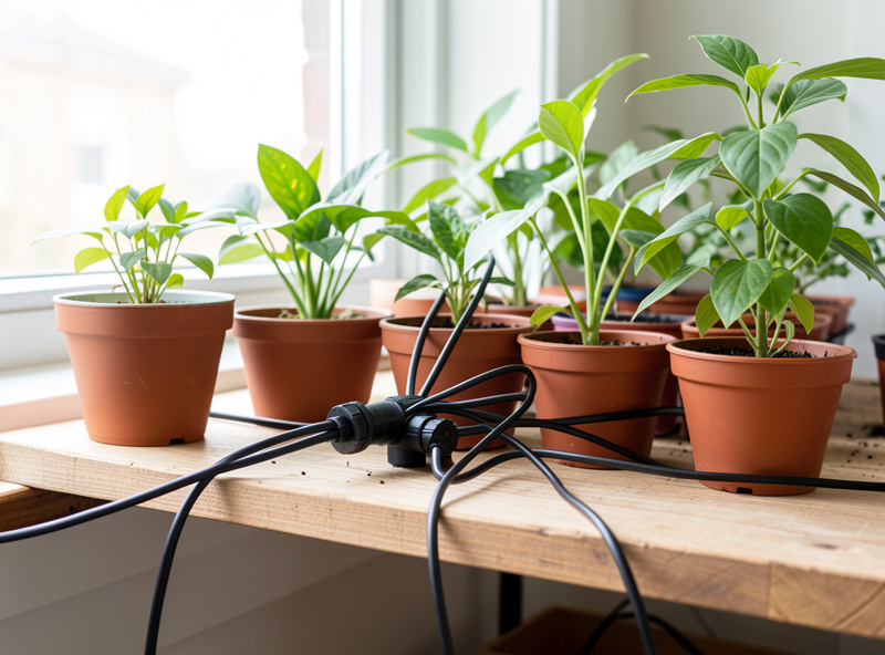 A network of thin black micro-irrigation tubes distributing from a manifold to a row of indoor plant pots on a wooden shelf