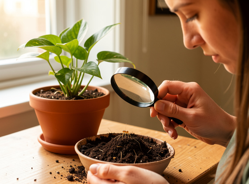 Person inspecting houseplant soil with magnifying glass looking for fungus gnat larvae