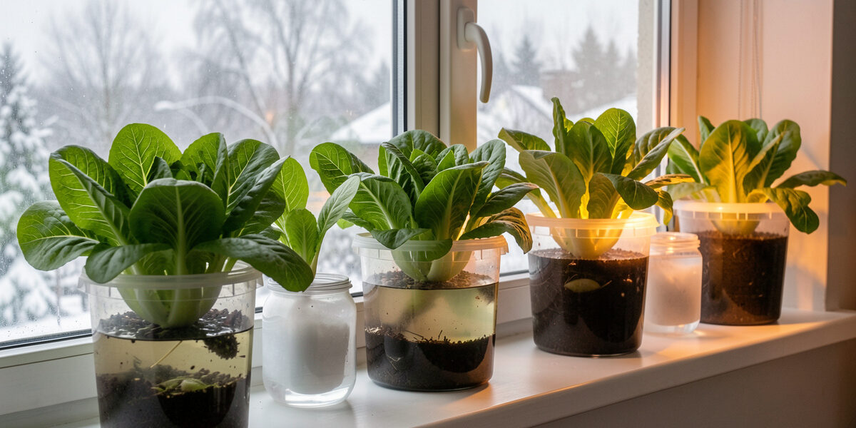 Heads of butterhead and loose-leaf lettuce growing from lidded tubs on a Nordic winter windowsill