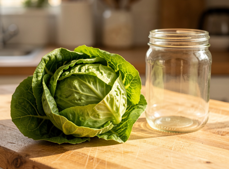 Harvested head of fresh green butterhead lettuce on a wooden kitchen counter beside an empty Kratky jar