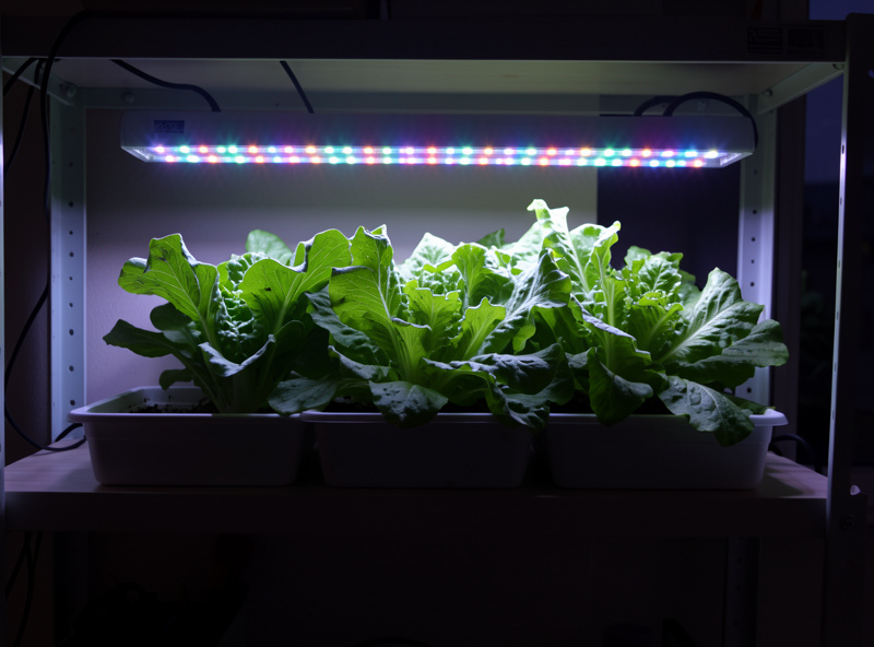 Loose-leaf lettuce growing under a full-spectrum LED grow bar on an apartment shelf in the dark winter evening