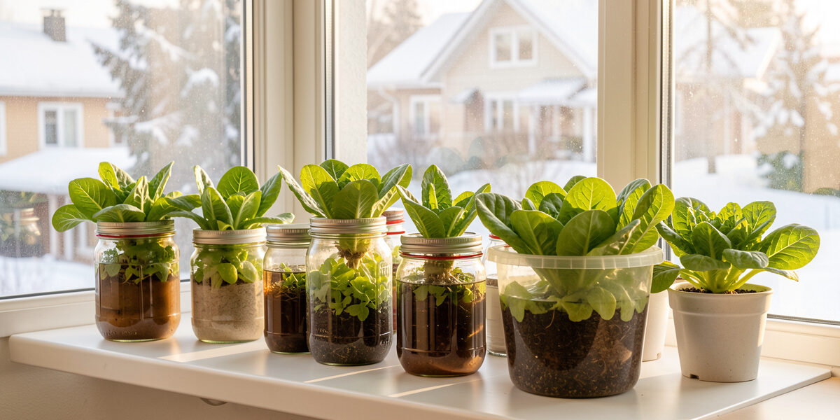 Passive Kratky hydroponic jars and tubs of lettuce on a bright Nordic winter windowsill