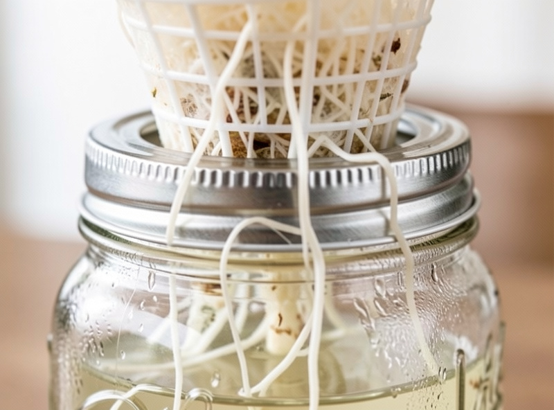 Net cup seated in a mason jar lid with white roots dangling into pale nutrient solution