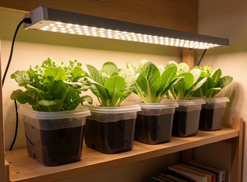 Row of leafy lettuce and pak choi in lidded plastic tubs under a full-spectrum LED grow bar