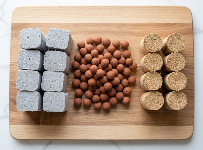 Overhead comparison of three hydroponic growing media: grey rockwool cubes, brown clay pebbles, and tan coir plugs