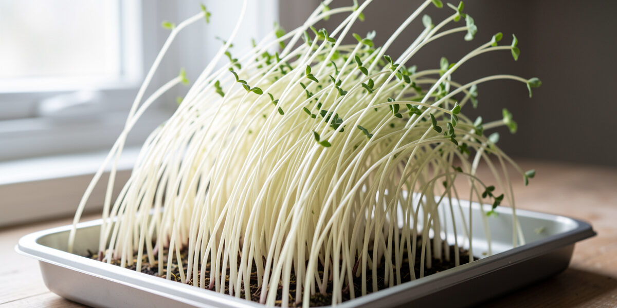 A tray of pale, overly tall, thin microgreen stems leaning and flopping from stretching toward weak light