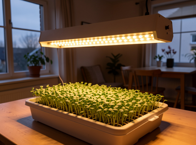 An LED grow bar positioned close above a tray of sturdy sunflower microgreens in a Scandinavian apartment