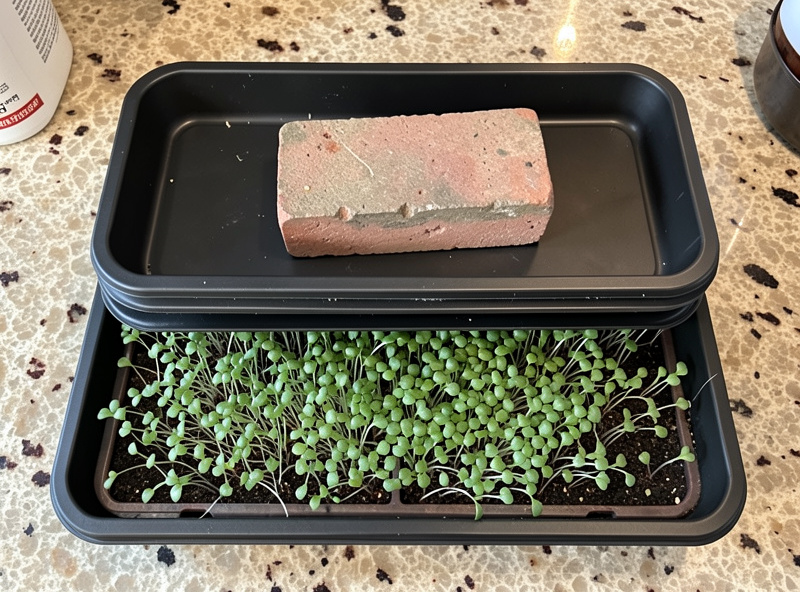 Overhead of a stacked blackout tray weighted with a brick sitting on a freshly sown microgreen tray