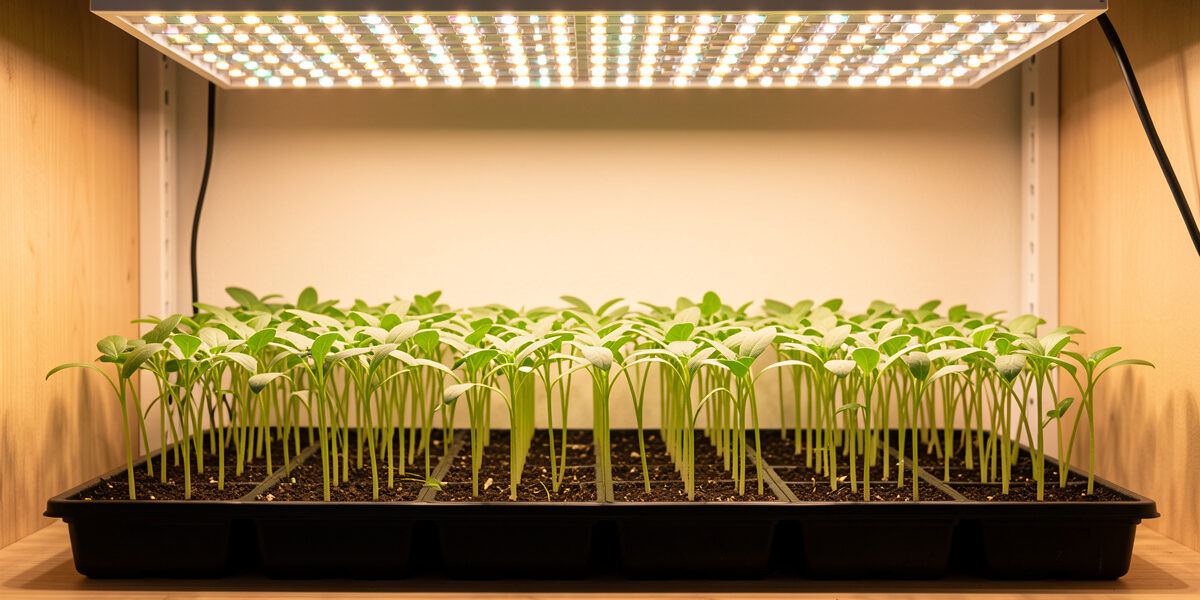Sturdy compact green seedlings growing straight and strong under a full-spectrum LED grow bar on a Nordic apartment shelf