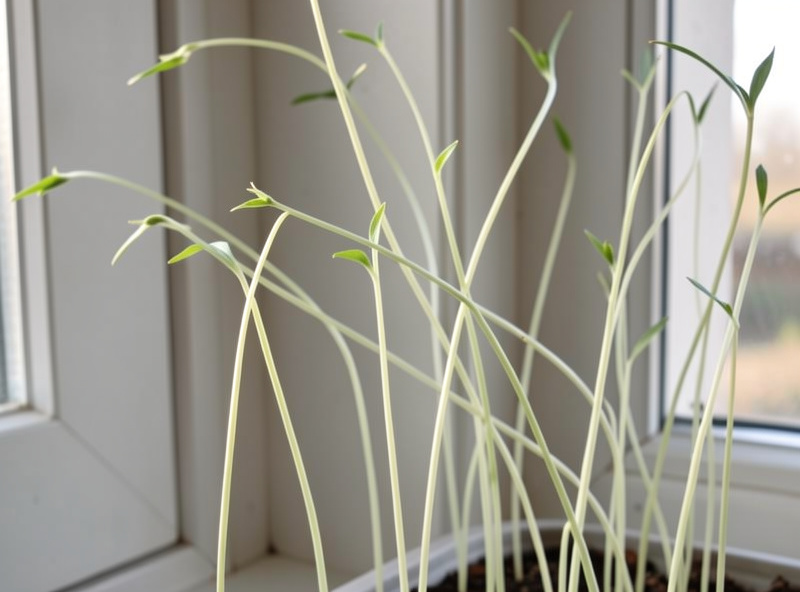 Tall pale leggy seedlings stretching sideways toward a window with long thin weak stems