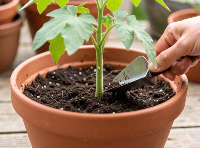 Hand burying a stretched tomato seedling stem deeper in fresh soil in a larger pot