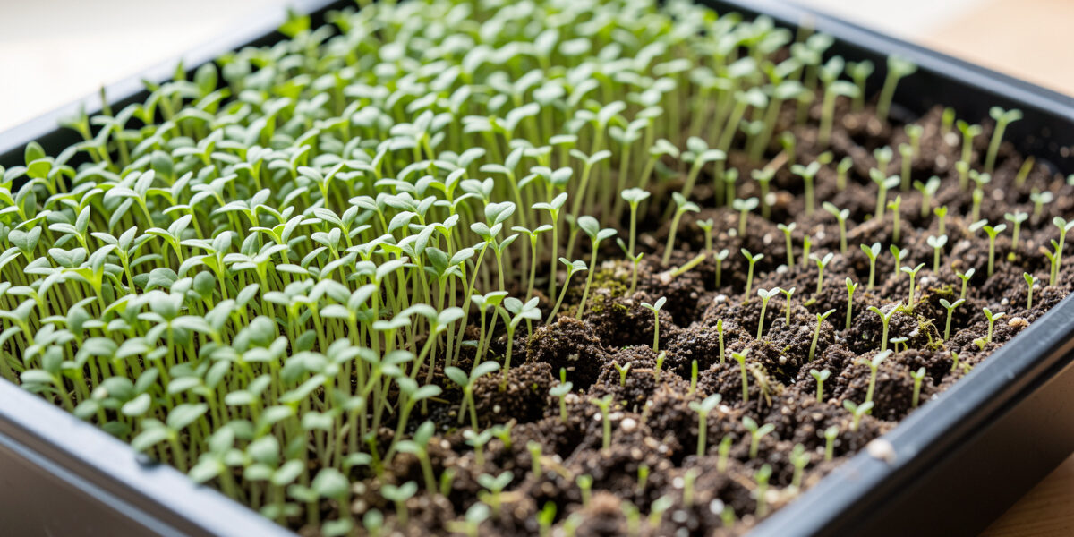 A 1020 microgreen tray with patchy uneven germination, dense sprouts in some areas and bare soil in others