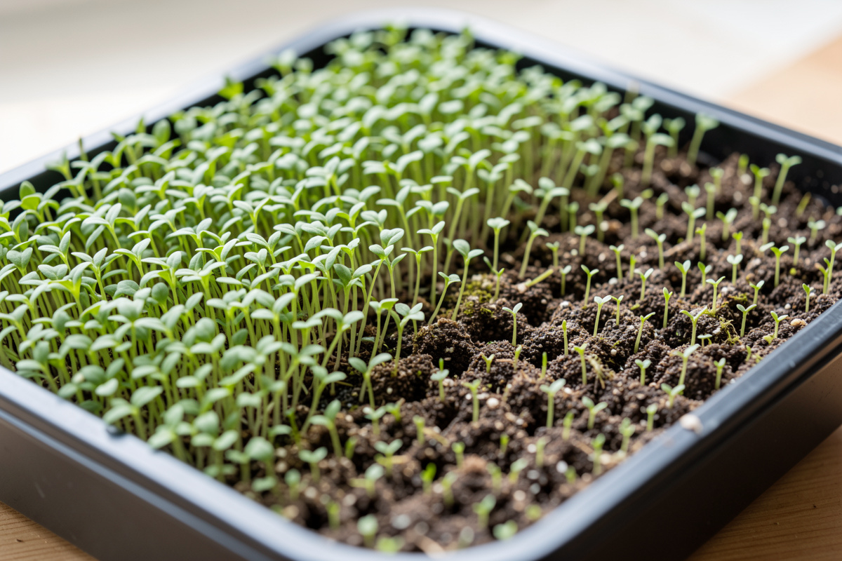 A 1020 microgreen tray with patchy uneven germination, dense sprouts in some areas and bare soil in others