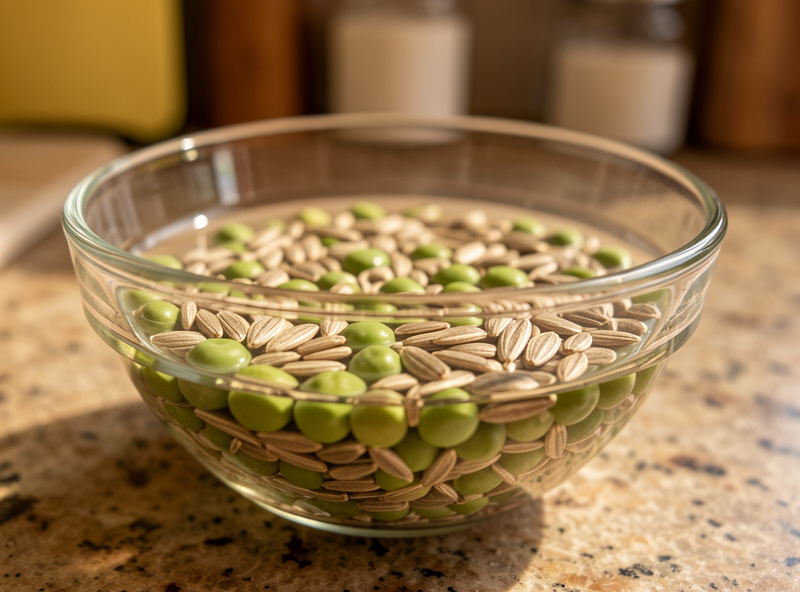 Close-up of pea and sunflower seeds soaking in a glass bowl of water on a kitchen counter before sowing