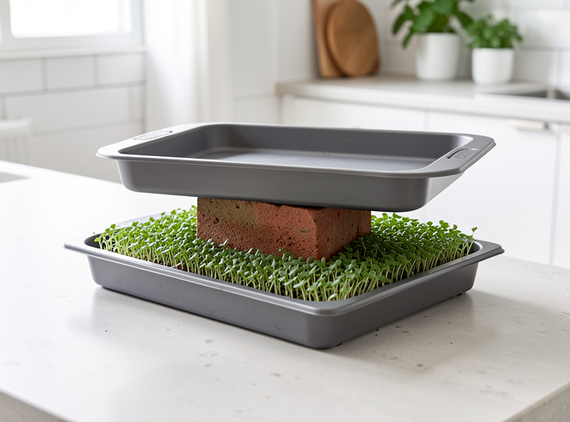 A weighted tray stacked on top of a freshly sown microgreen tray with a brick providing pressure