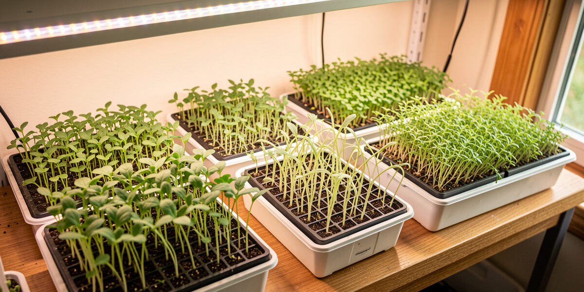 Microgreen trays under an LED grow bar, most thriving and one showing pale leggy stems
