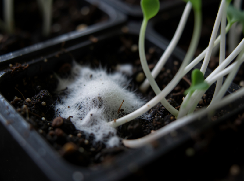 Extreme close-up comparing fuzzy white mold on soil against healthy white root hairs on a microgreen seedling
