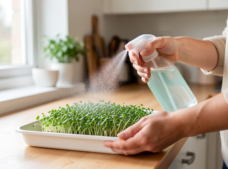 Hands misting a tray of pea microgreens with a spray bottle on a kitchen counter in soft morning light