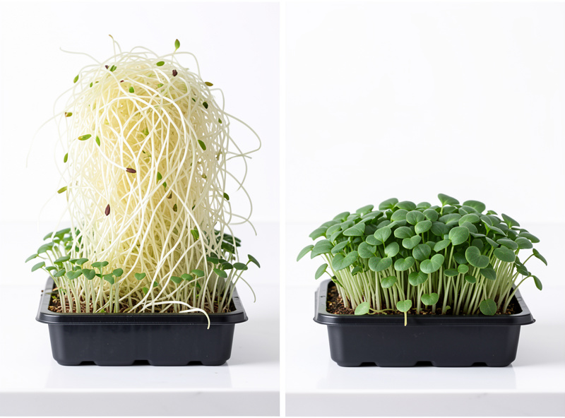 Two microgreen trays side by side, one tall pale and floppy, one short deep green and sturdy