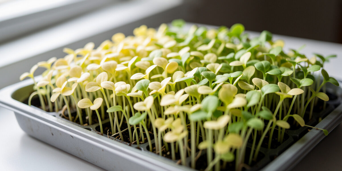 A tray of microgreens with pale yellow and lime-green leaves that failed to green up under weak light