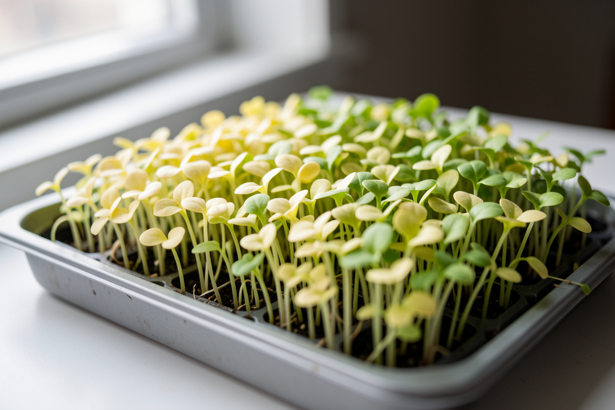A tray of microgreens with pale yellow and lime-green leaves that failed to green up under weak light