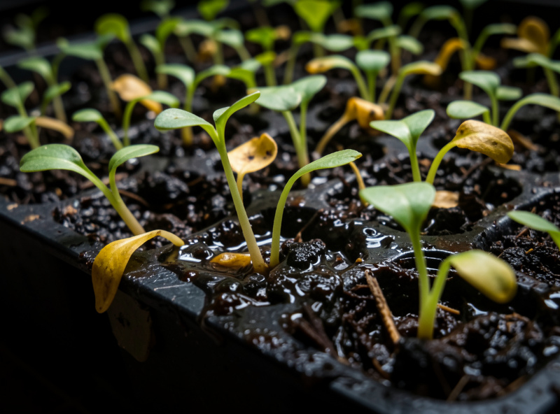 Close-up of a microgreen tray showing yellowing lower leaves and a soggy dark waterlogged soil surface