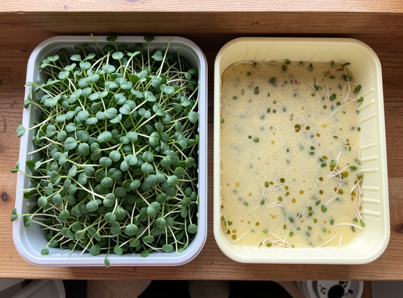 Overhead of a healthy deep-green tray of broccoli microgreens next to a pale yellowing tray on a wooden shelf