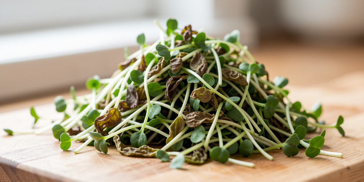 Freshly cut microgreens wilting and going limp in a pile on a wooden cutting board
