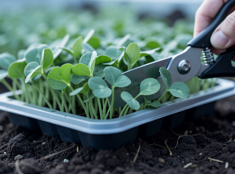 Close-up of scissors cutting a tray of crisp sturdy pea shoots high above the soil line in cool morning light