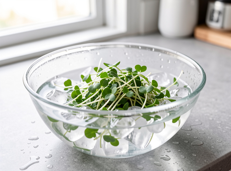 Cut microgreens crisping up in a bowl of ice water on a kitchen counter with droplets