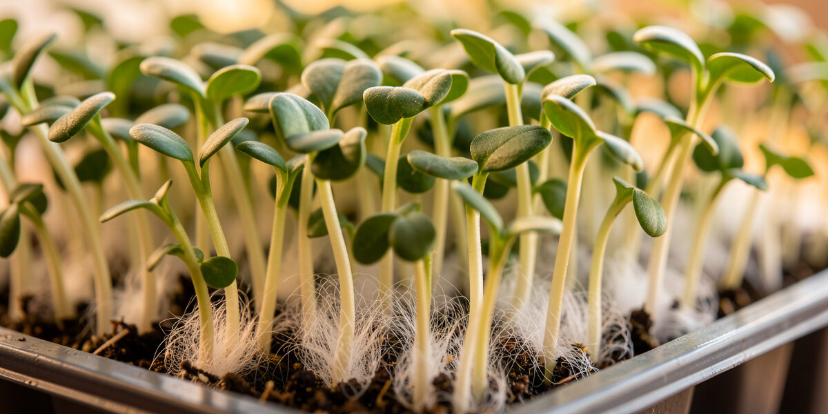 Radish microgreens with a soft white halo of root hairs around the stem bases at the soil line