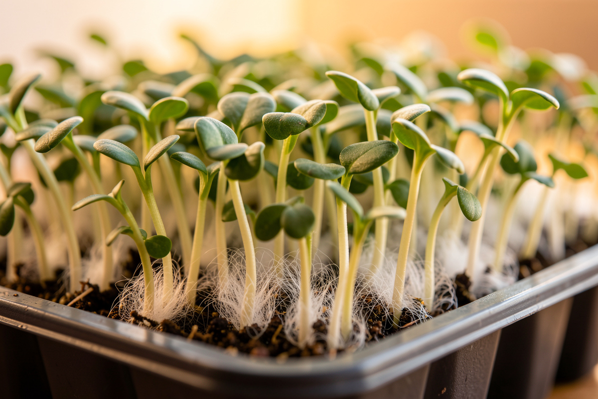 Close-up of radish microgreens with a soft white halo of root hairs around the stem bases at the soil line