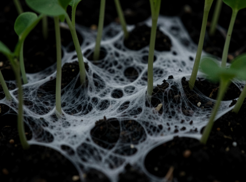 Extreme macro of patchy cobweb-like white mold spreading across dark soil between microgreen stems
