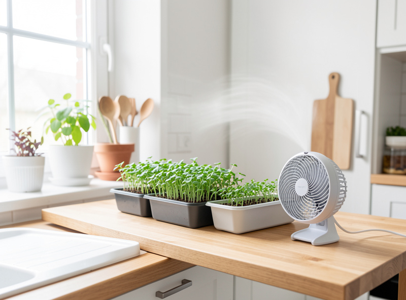 A small clip-on fan positioned beside microgreen trays on a kitchen shelf providing gentle airflow