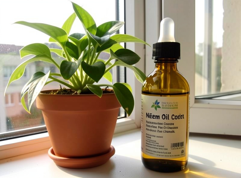 Neem oil concentrate bottle for natural fungus gnat treatment next to houseplants