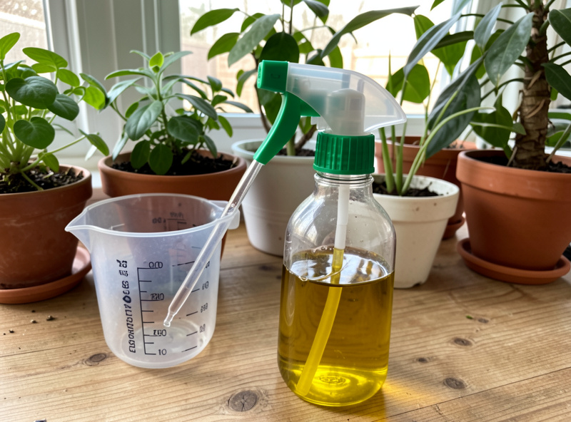 Mixing neem oil solution with water in spray bottle for organic pest control