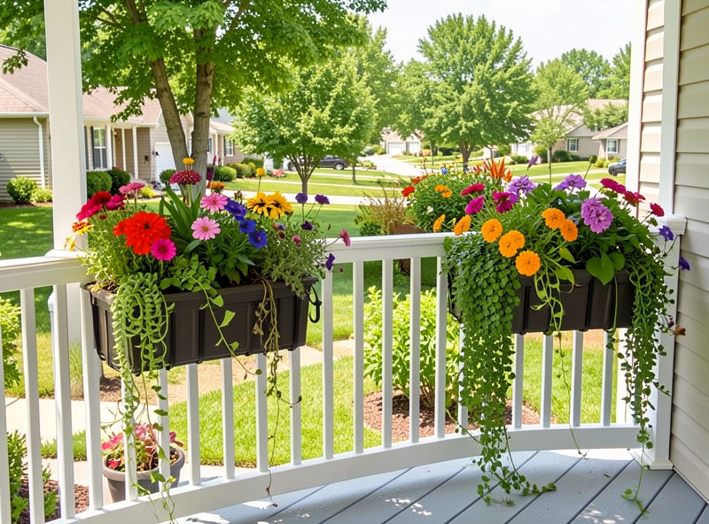 Porch railing with secure over-the-rail planters full of colorful flowers on a sunny suburban porch
