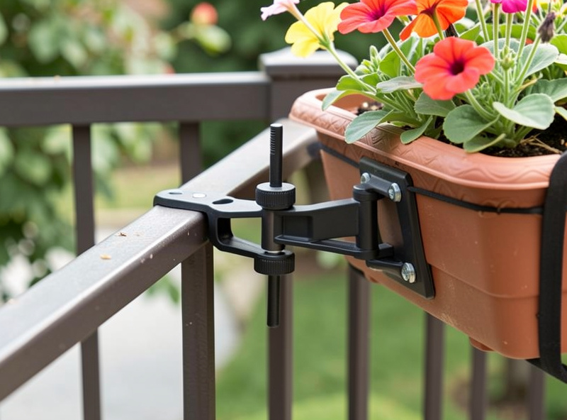 Close-up of an adjustable clamp bracket system on a porch railing planter with secure attachment mechanism visible