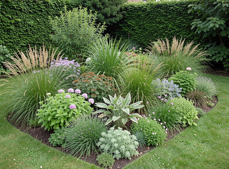 A beautifully designed small border planting scheme with layered heights of perennials in a compact garden space