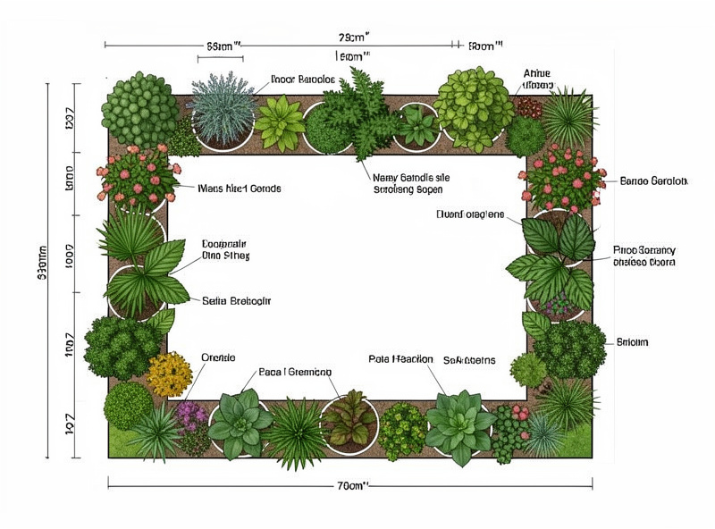 Overhead garden design plan showing a small border layout with plant placement circles and plant labels