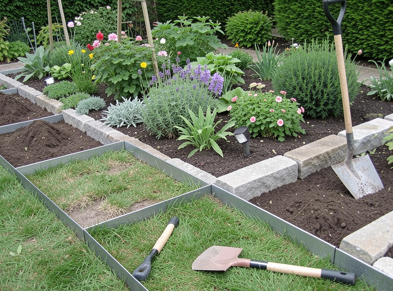 Garden border edging installation creating a clean raised boundary between lawn and flower bed